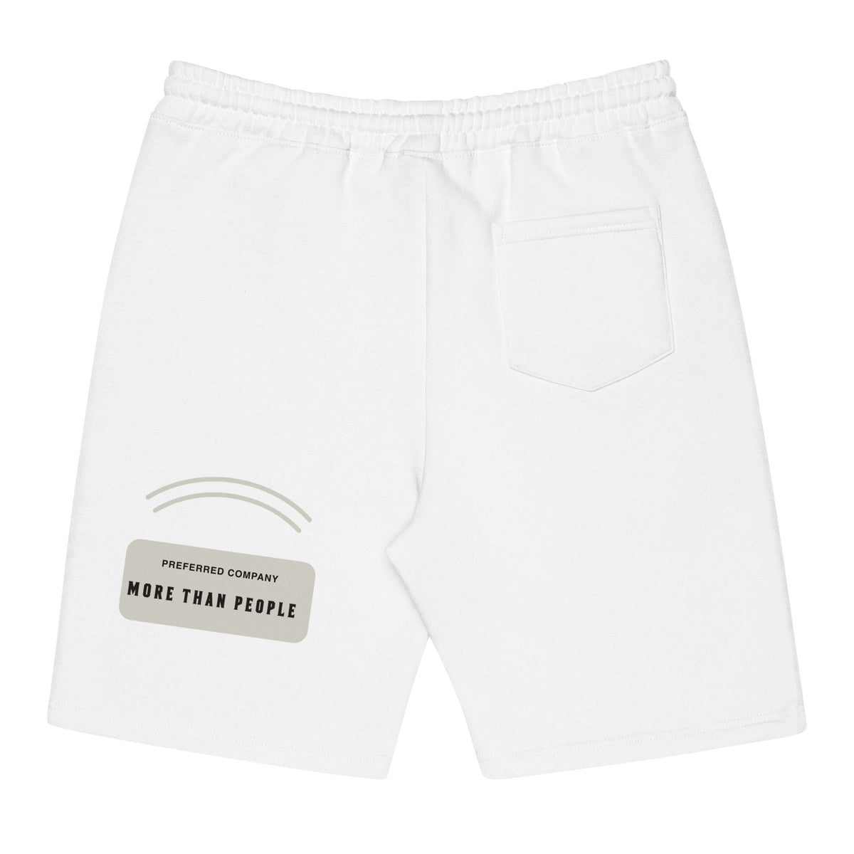White Off Hours men’s fleece shorts, back with curved accents and a More than people stone-colored printed panel, flat garment-only view.