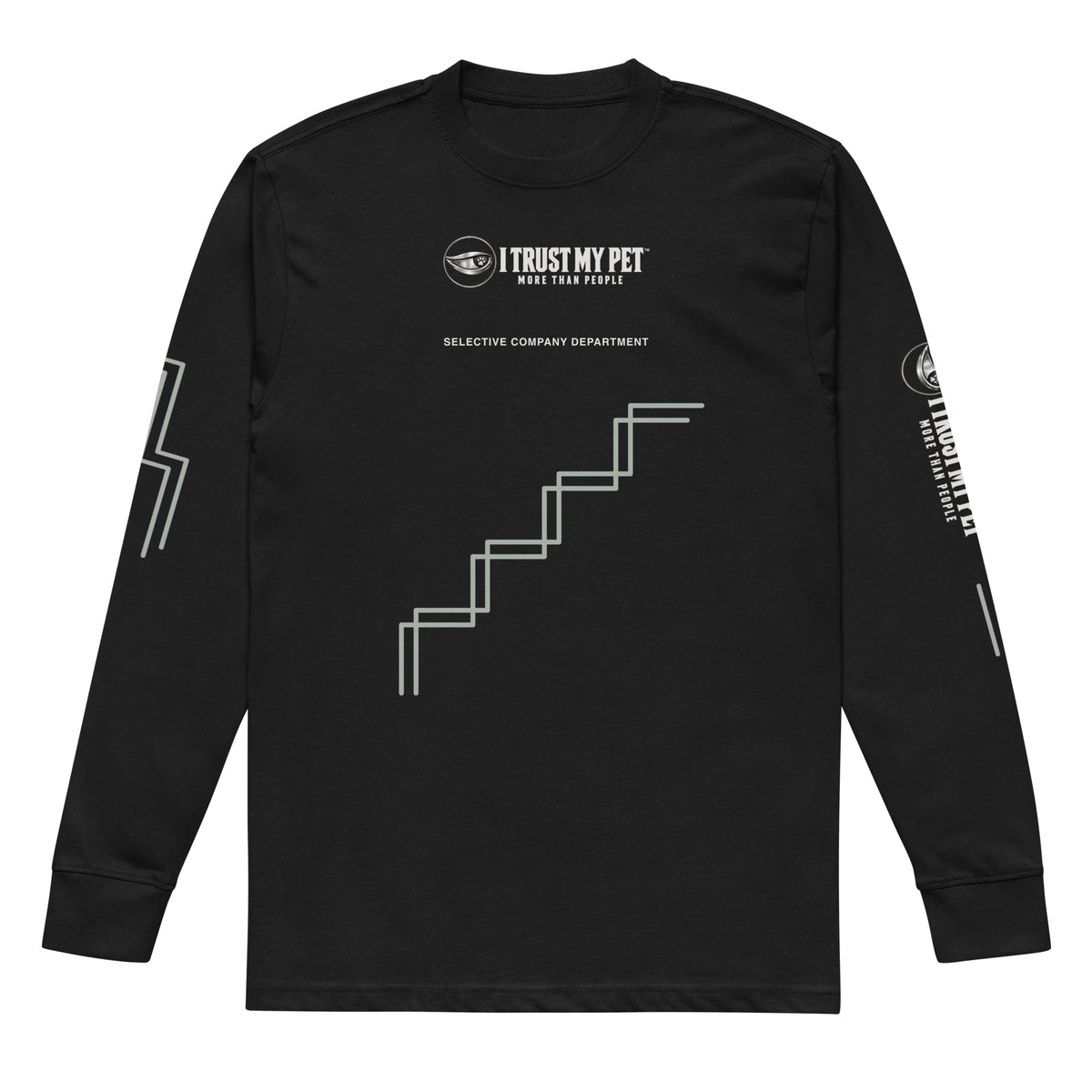 Black Good Judgment men’s heavyweight long-sleeve shirt, front with complete I Trust My Pet™ logo, rising stepped linework and distinct sleeve graphics, flat garment-only view.