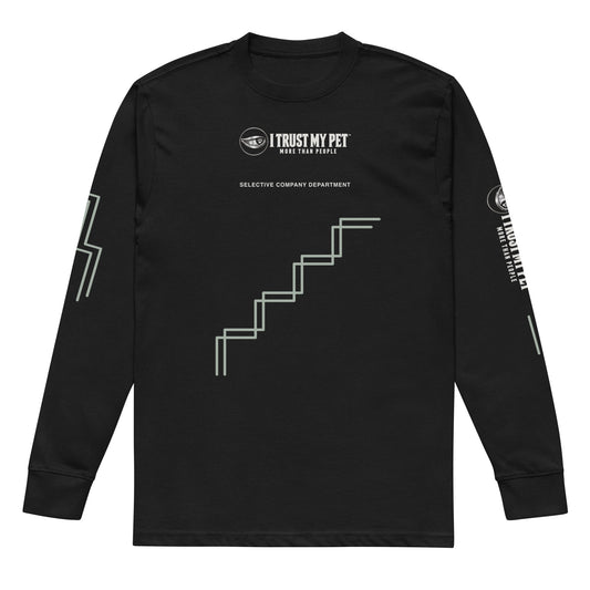 Black Good Judgment men’s heavyweight long-sleeve shirt, front with complete I Trust My Pet™ logo, rising stepped linework and distinct sleeve graphics, flat garment-only view.