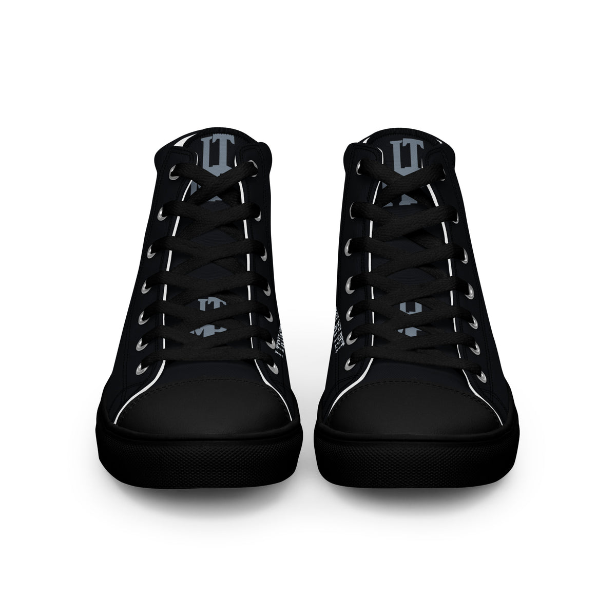 I Trust My Pet™ black Signature Monogram high-top canvas shoes with black soles and laces, front view