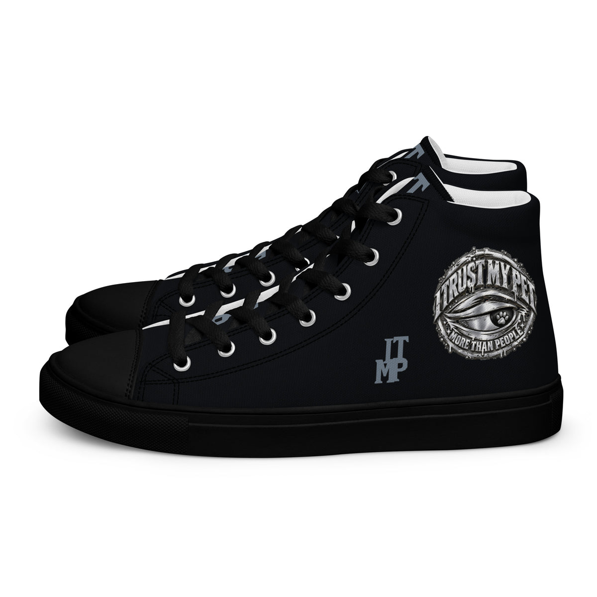 I Trust My Pet™ black Signature Monogram high-top canvas shoes with black soles and laces, left-side view
