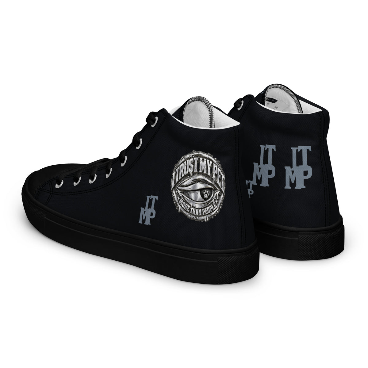 I Trust My Pet™ black Signature Monogram high-top canvas shoes with black soles and laces, left rear three-quarter view