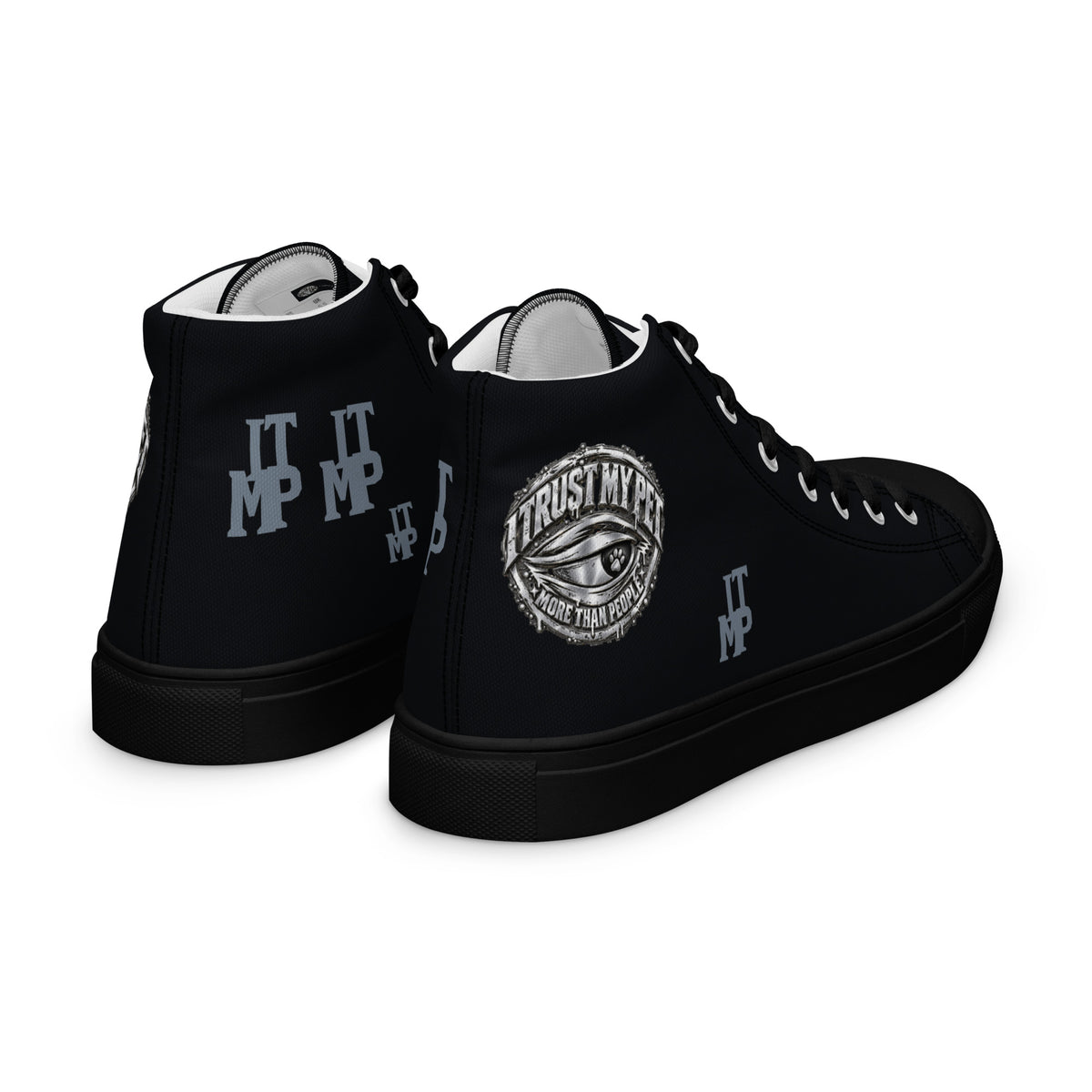 I Trust My Pet™ black Signature Monogram high-top canvas shoes with black soles and laces, right rear three-quarter view