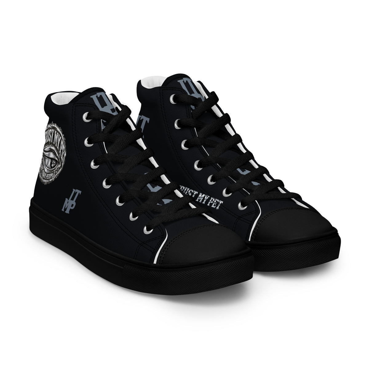 I Trust My Pet™ black Signature Monogram high-top canvas shoes with black soles and laces, right front three-quarter view
