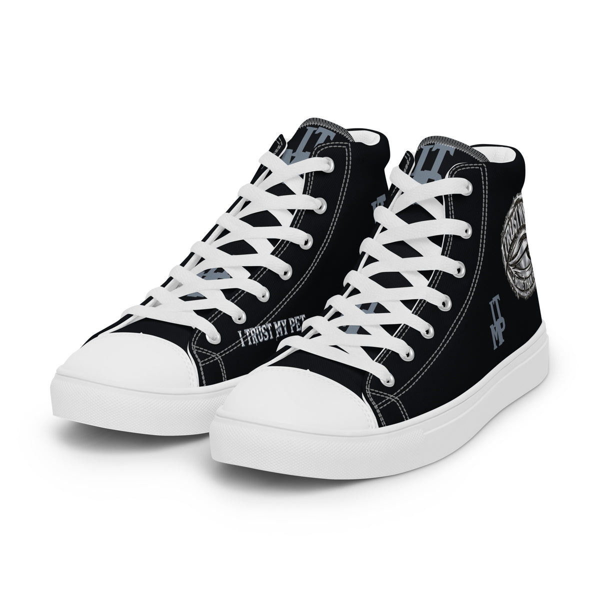 I Trust My Pet™ black Signature Monogram high-top canvas shoes with white soles and laces, left front three-quarter view
