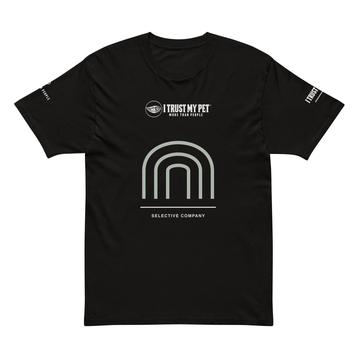 Black I Trust My Pet™ Selective Company men’s cotton T-shirt, front with complete logo and sage rising arch graphic, shown without a model.