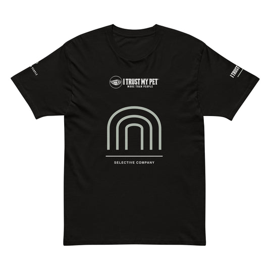 Black I Trust My Pet™ Selective Company men’s cotton T-shirt, front with complete logo and sage rising arch graphic, shown without a model.
