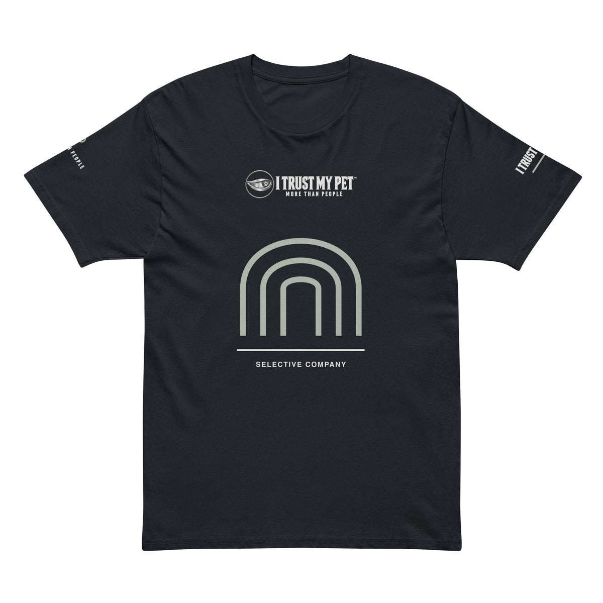 Navy Blazer I Trust My Pet™ Selective Company men’s cotton T-shirt, front with complete logo and sage rising arch graphic, shown without a model.