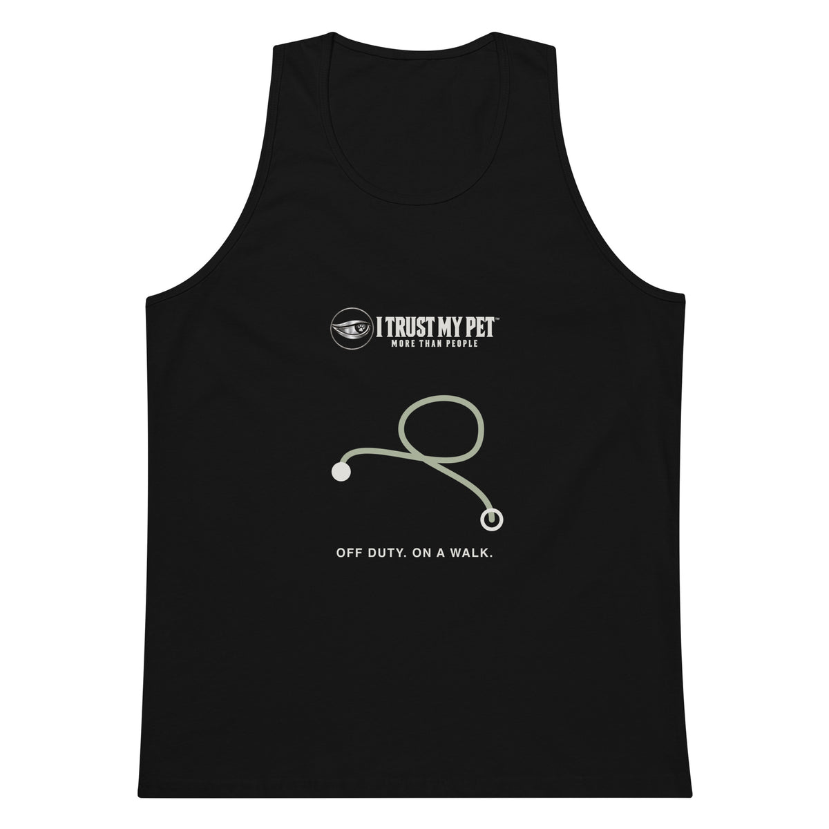 Black I Trust My Pet™ Off Duty men’s tank top, front with the complete logo, sage route-line graphic and Off duty, on a walk caption.