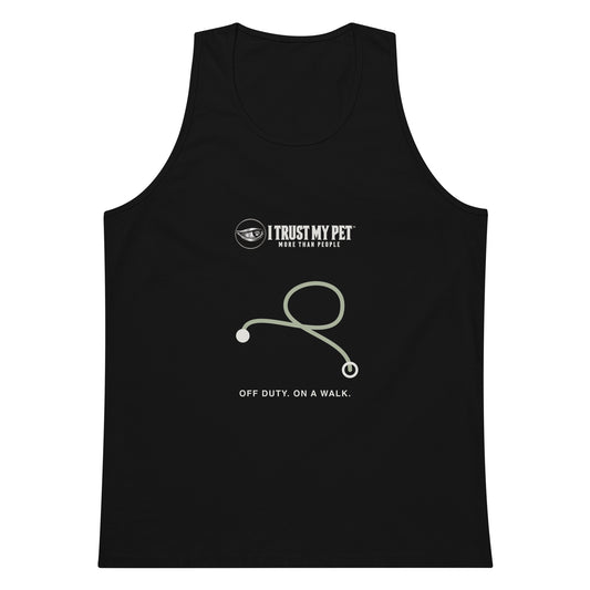 Black I Trust My Pet™ Off Duty men’s tank top, front with the complete logo, sage route-line graphic and Off duty, on a walk caption.