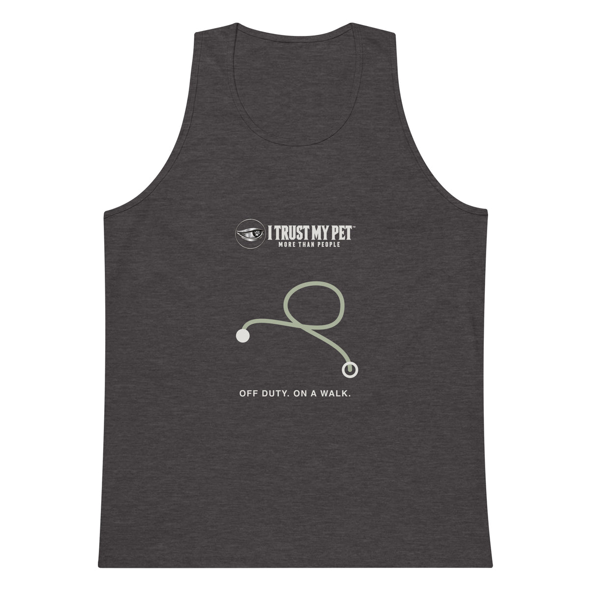 Charcoal Heather I Trust My Pet™ Off Duty men’s tank top, front with the complete logo, sage route-line graphic and Off duty, on a walk caption.