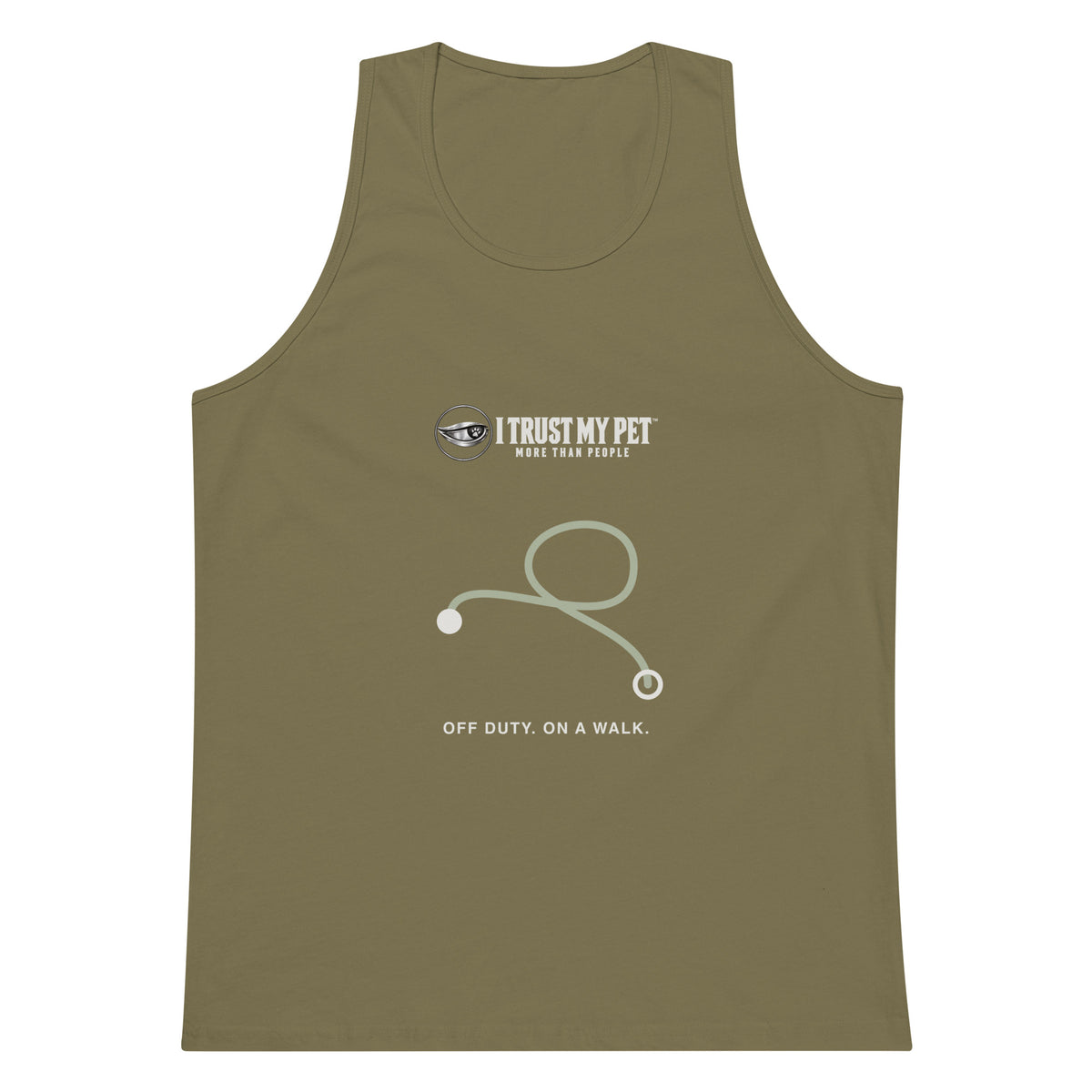 Military Green I Trust My Pet™ Off Duty men’s tank top, front with the complete logo, sage route-line graphic and Off duty, on a walk caption.