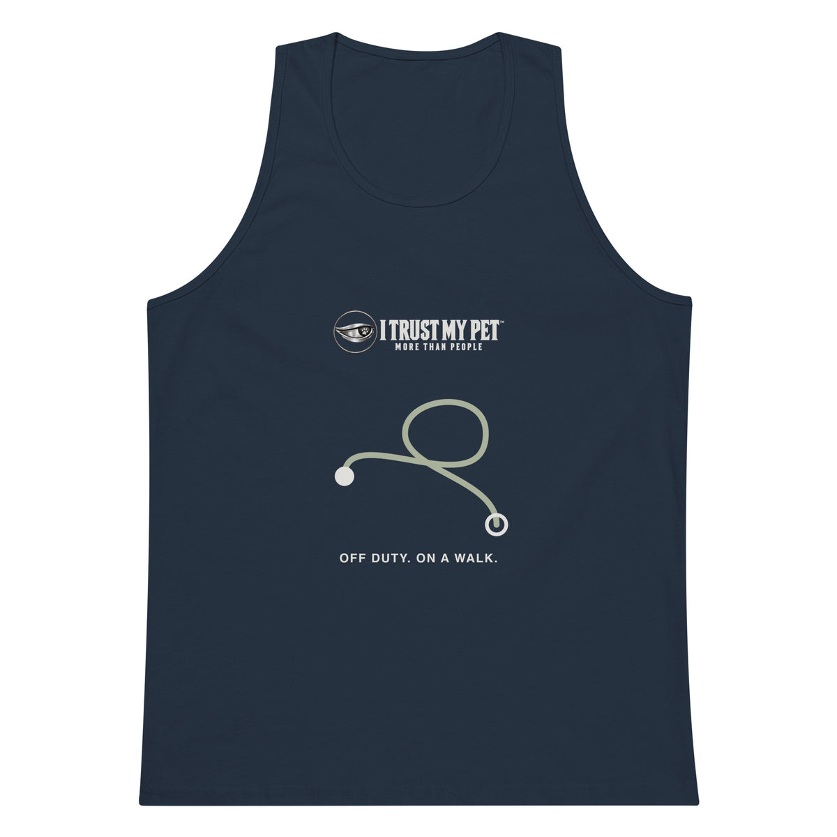 Navy I Trust My Pet™ Off Duty men’s tank top, front with the complete logo, sage route-line graphic and Off duty, on a walk caption.