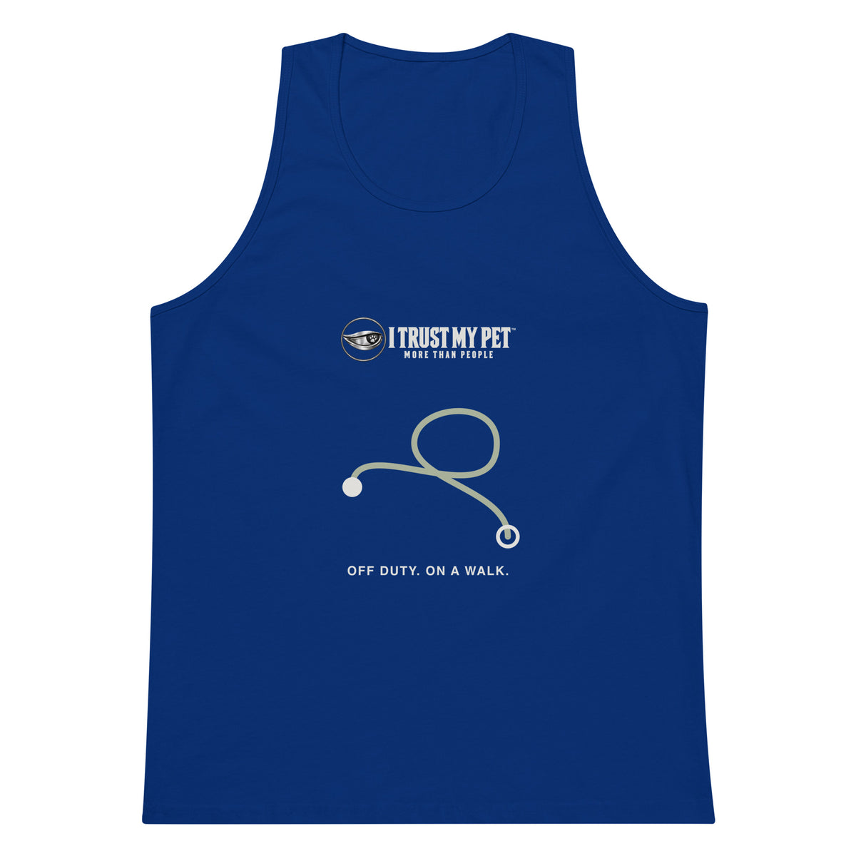 Team Royal I Trust My Pet™ Off Duty men’s tank top, front with the complete logo, sage route-line graphic and Off duty, on a walk caption.