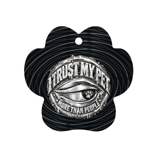 Black I Trust My Pet™ Chrome Keepsake metal paw ornament, front with original silver-look side-eye emblem and layered contour lines