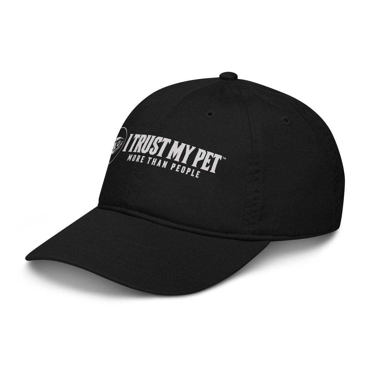 I Trust My Pet™ Quiet Standard organic cotton cap in black, three-quarter view showing the complete logo and More than people lettering.