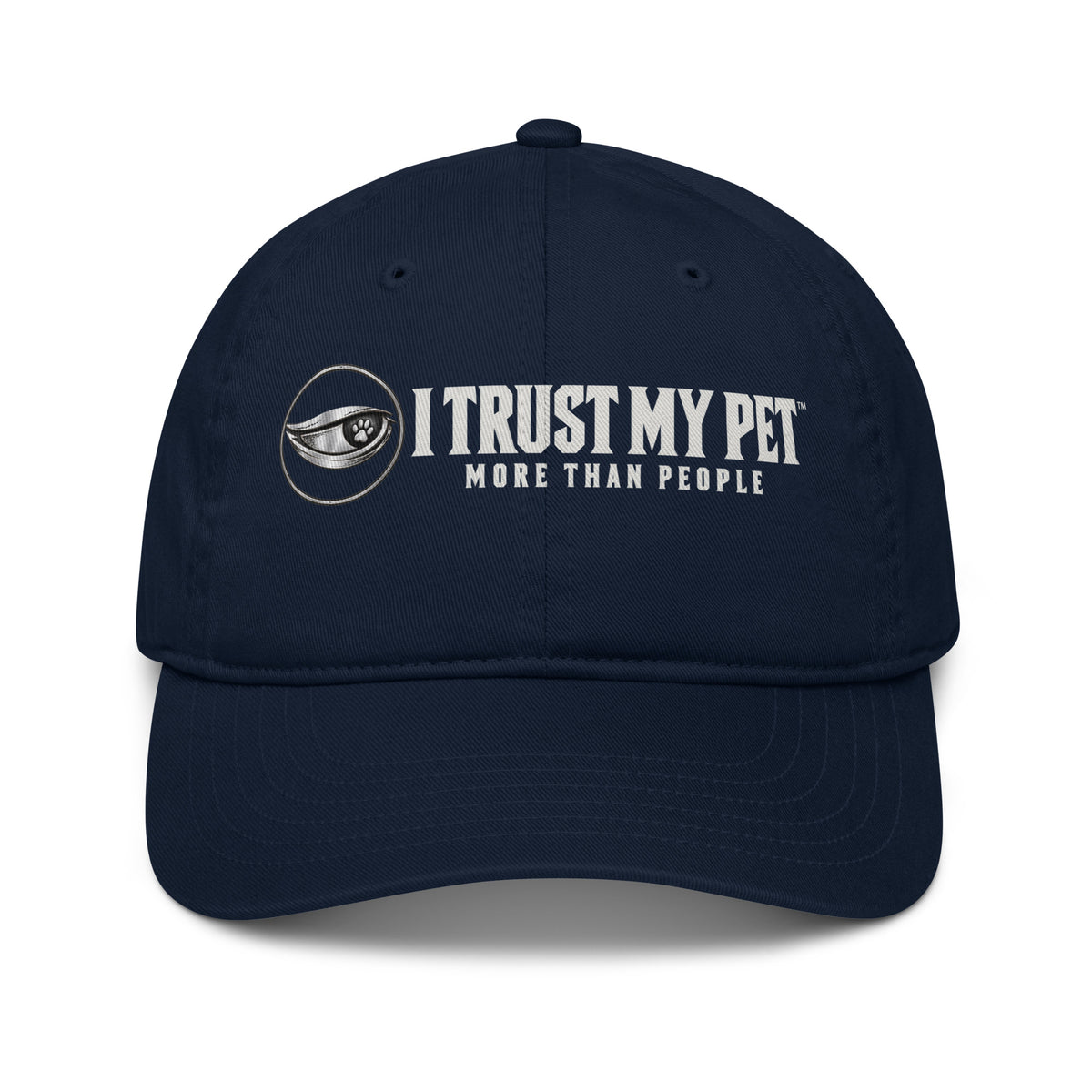 I Trust My Pet™ Quiet Standard organic cotton cap in Pacific navy, front view showing the complete logo and More than people lettering.