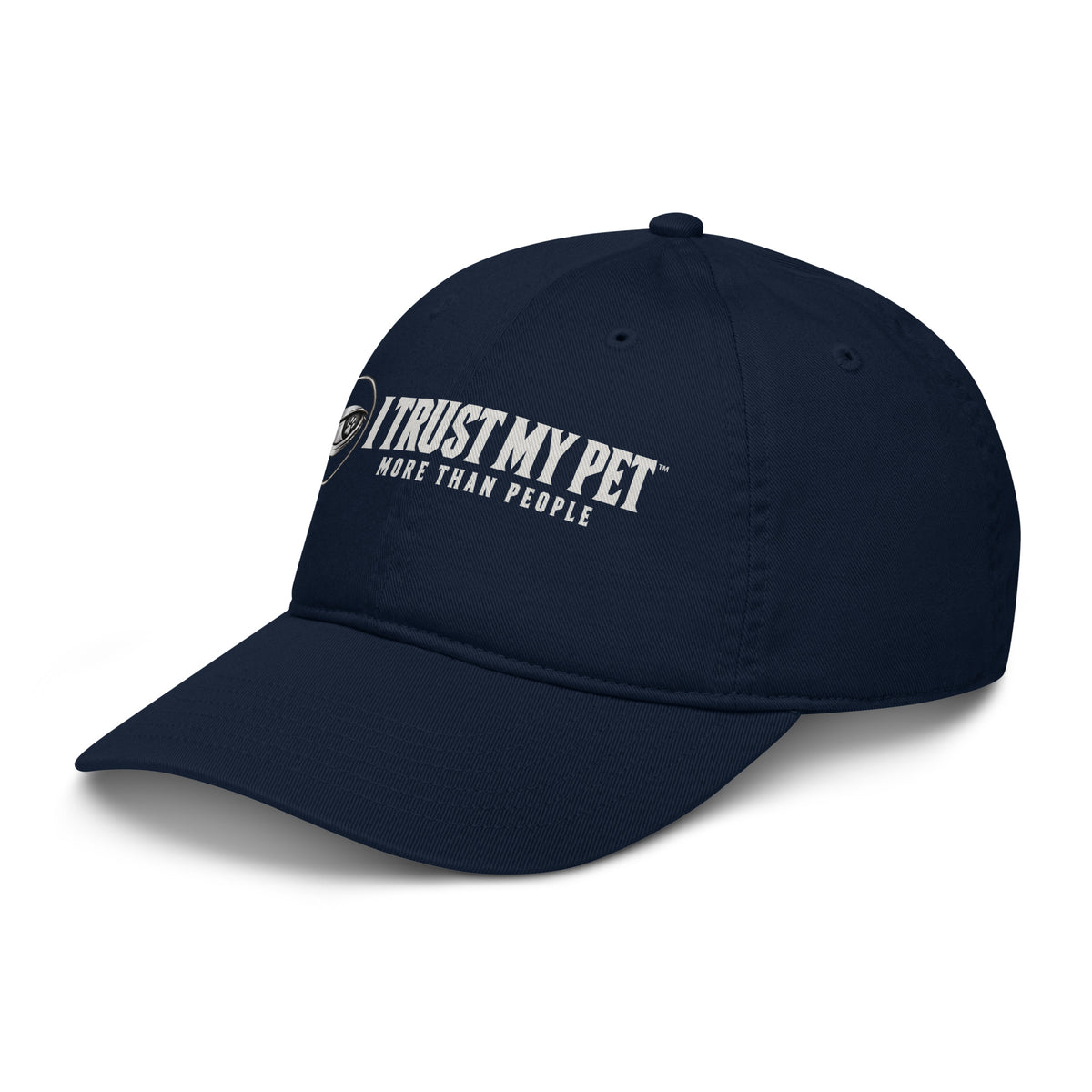 I Trust My Pet™ Quiet Standard organic cotton cap in Pacific navy, three-quarter view showing the complete logo and More than people lettering.