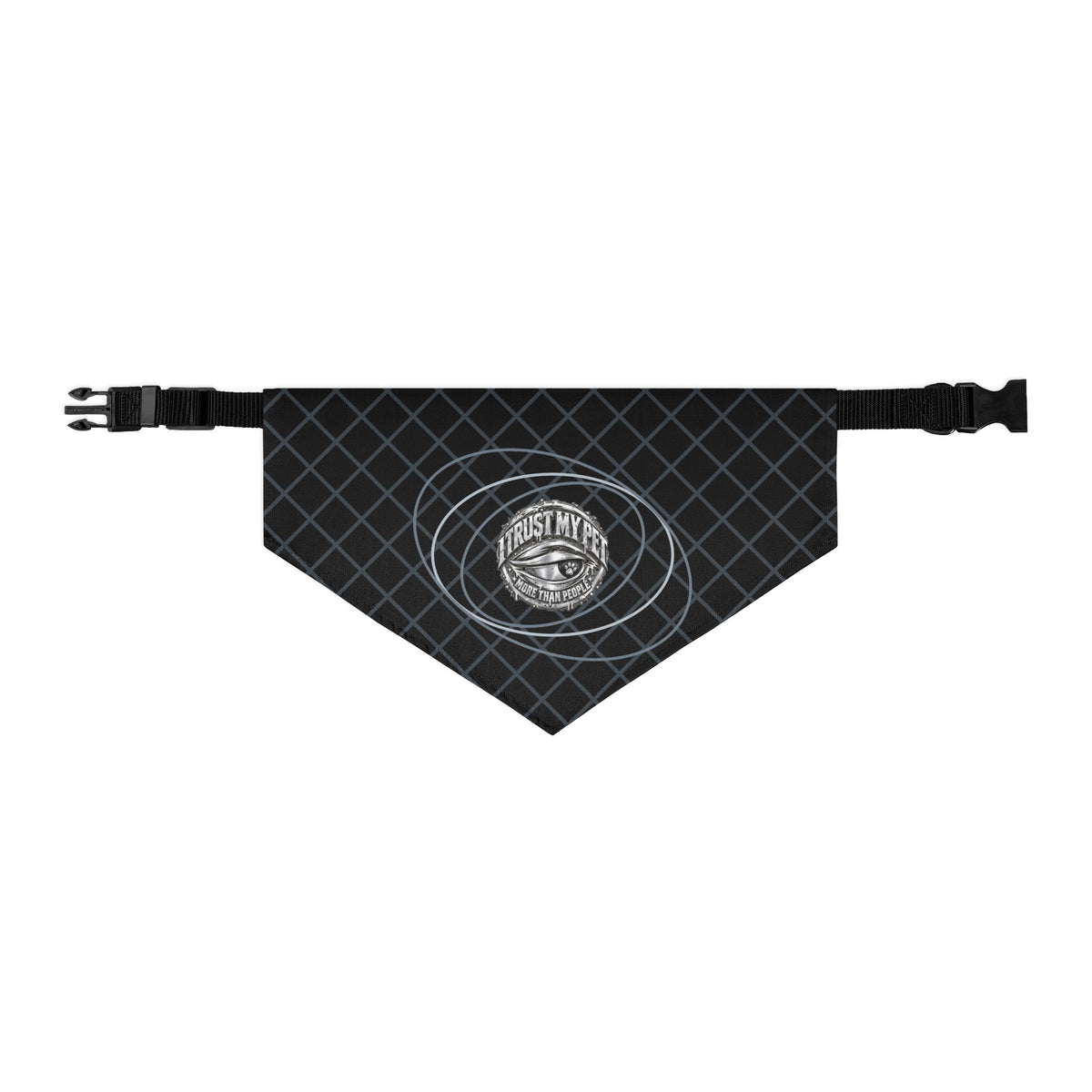 Black I Trust My Pet™ Chrome Orbit dog bandana collar, size L, with original silver-look emblem, orbit lines, diamond pattern, and adjustable black strap