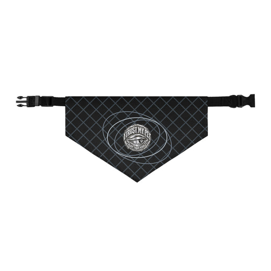 Black I Trust My Pet™ Chrome Orbit dog bandana collar, size L, with original silver-look emblem, orbit lines, diamond pattern, and adjustable black strap