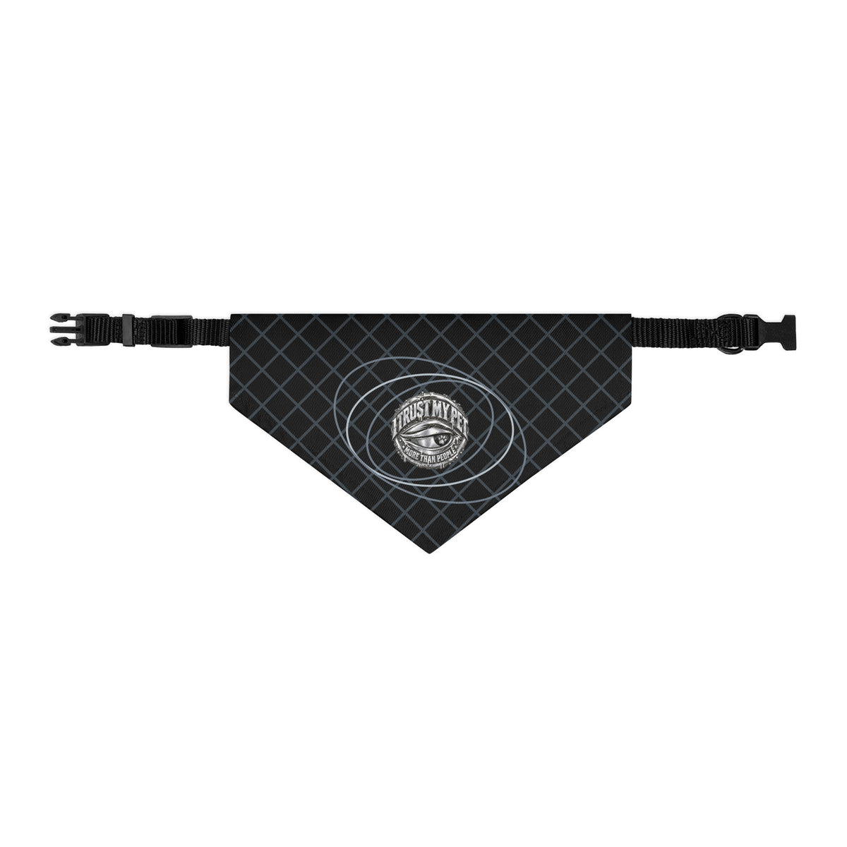 Black I Trust My Pet™ Chrome Orbit dog bandana collar, size M, with original silver-look emblem, orbit lines, diamond pattern, and adjustable black strap
