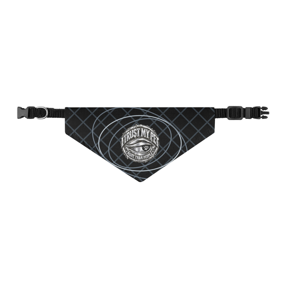 Black I Trust My Pet™ Chrome Orbit dog bandana collar, size S, with original silver-look emblem, orbit lines, diamond pattern, and adjustable black strap