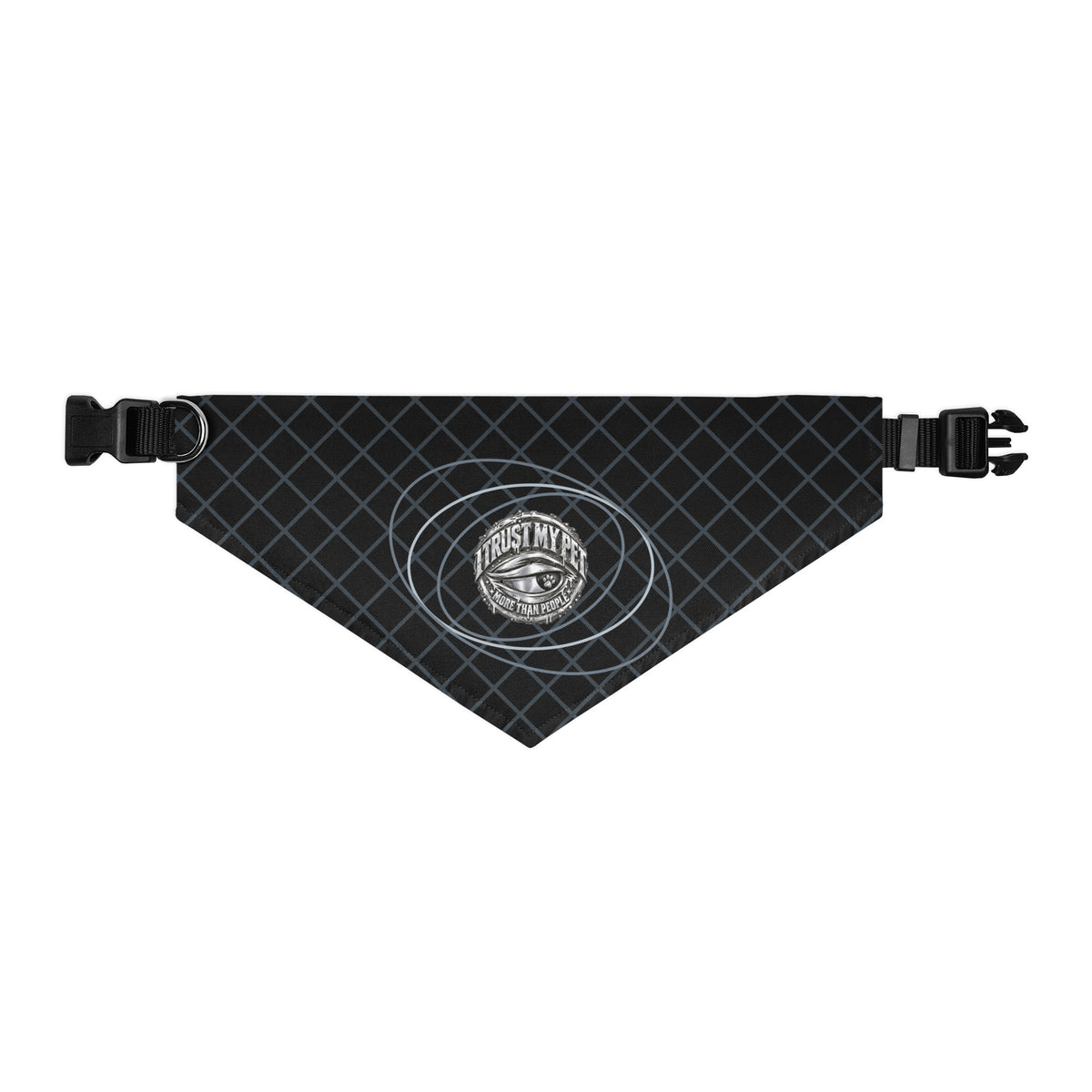 Black I Trust My Pet™ Chrome Orbit dog bandana collar, size XL, with original silver-look emblem, orbit lines, diamond pattern, and adjustable black strap