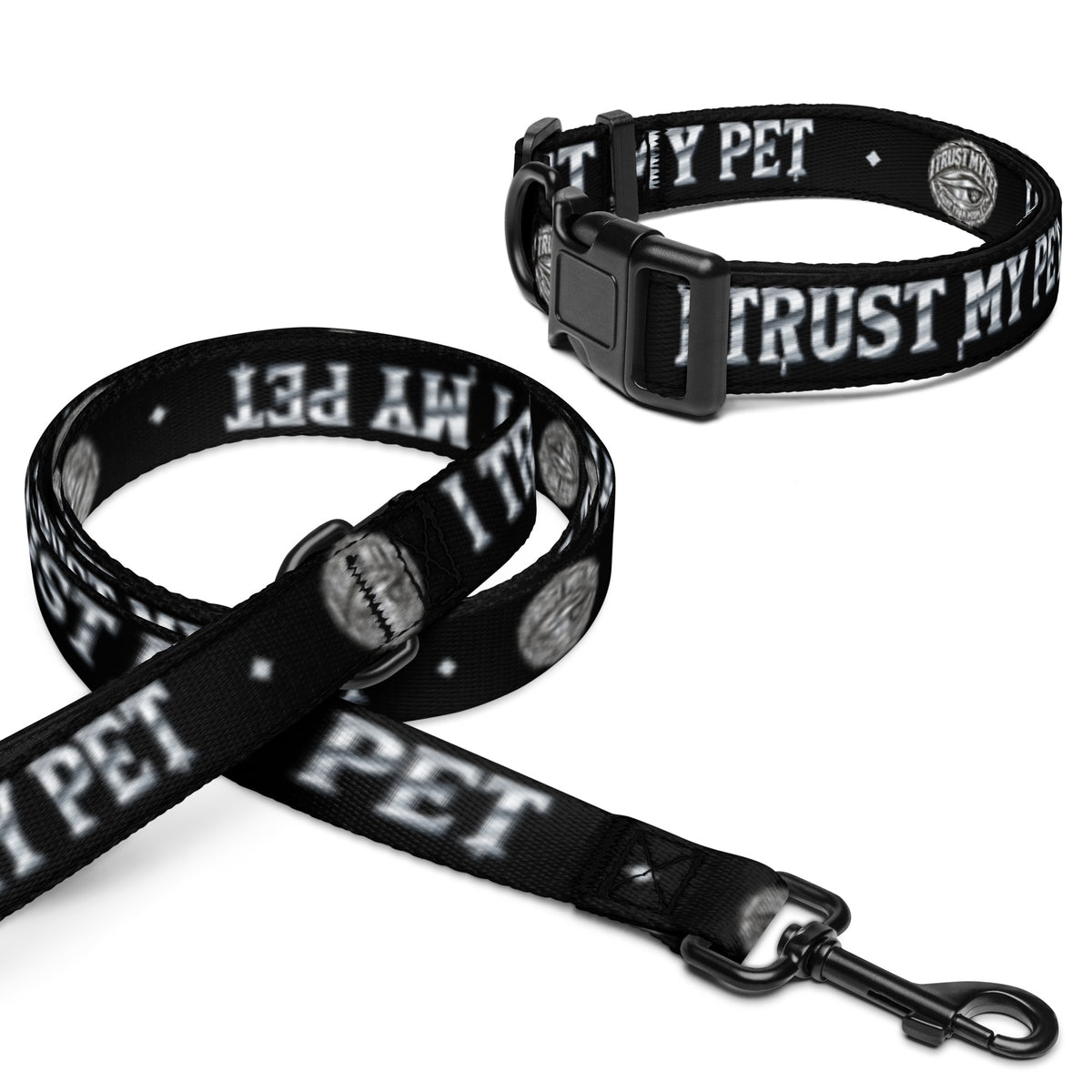 Black I Trust My Pet™ Chrome Signature dog collar and six-foot leash set, size L collar, with original silver-look emblem, chrome lettering, and padded handle