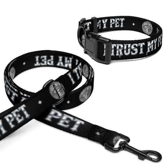 Black I Trust My Pet™ Chrome Signature dog collar and six-foot leash set, size L collar, with original silver-look emblem, chrome lettering, and padded handle