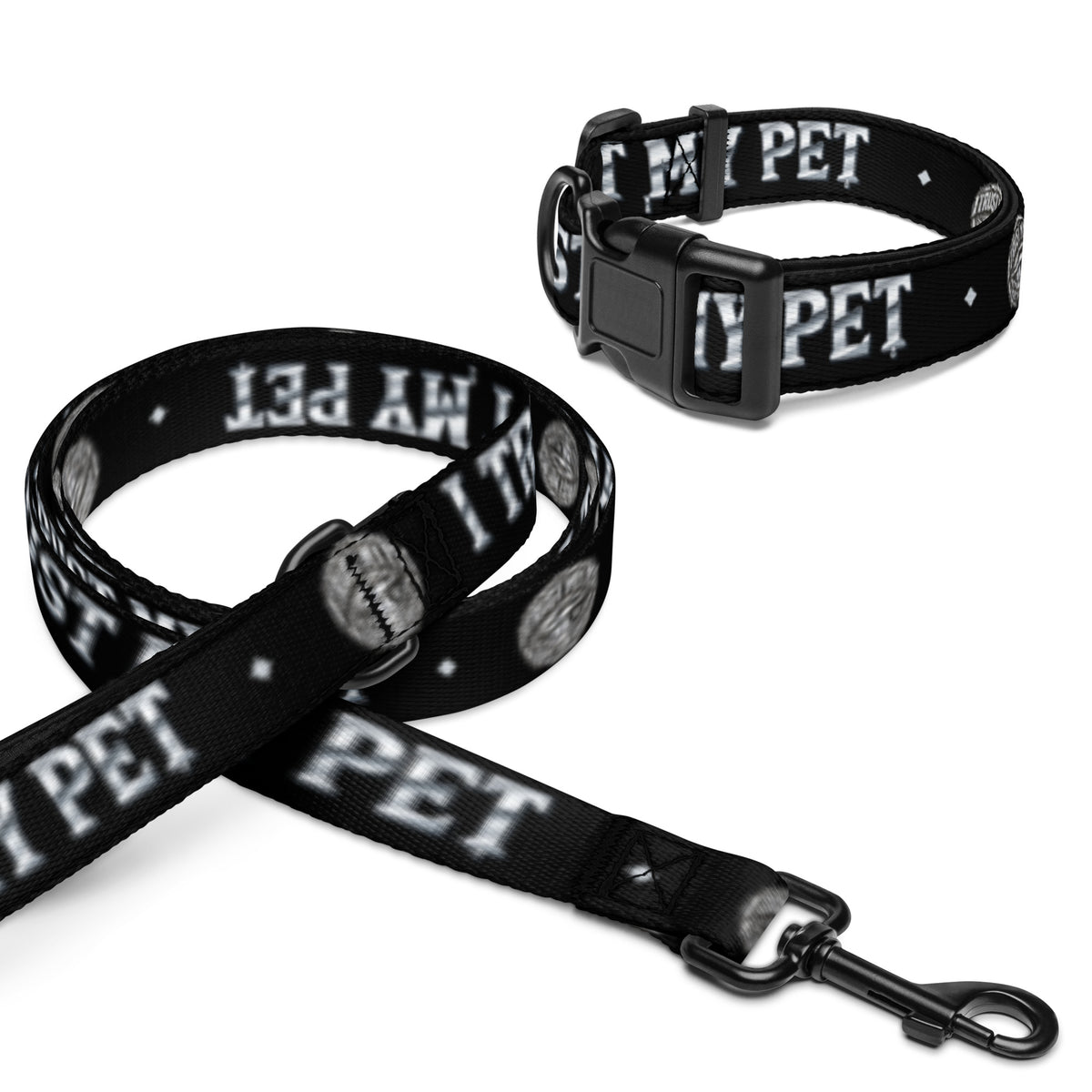 Black I Trust My Pet™ Chrome Signature dog collar and six-foot leash set, size M collar, with original silver-look emblem, chrome lettering, and padded handle