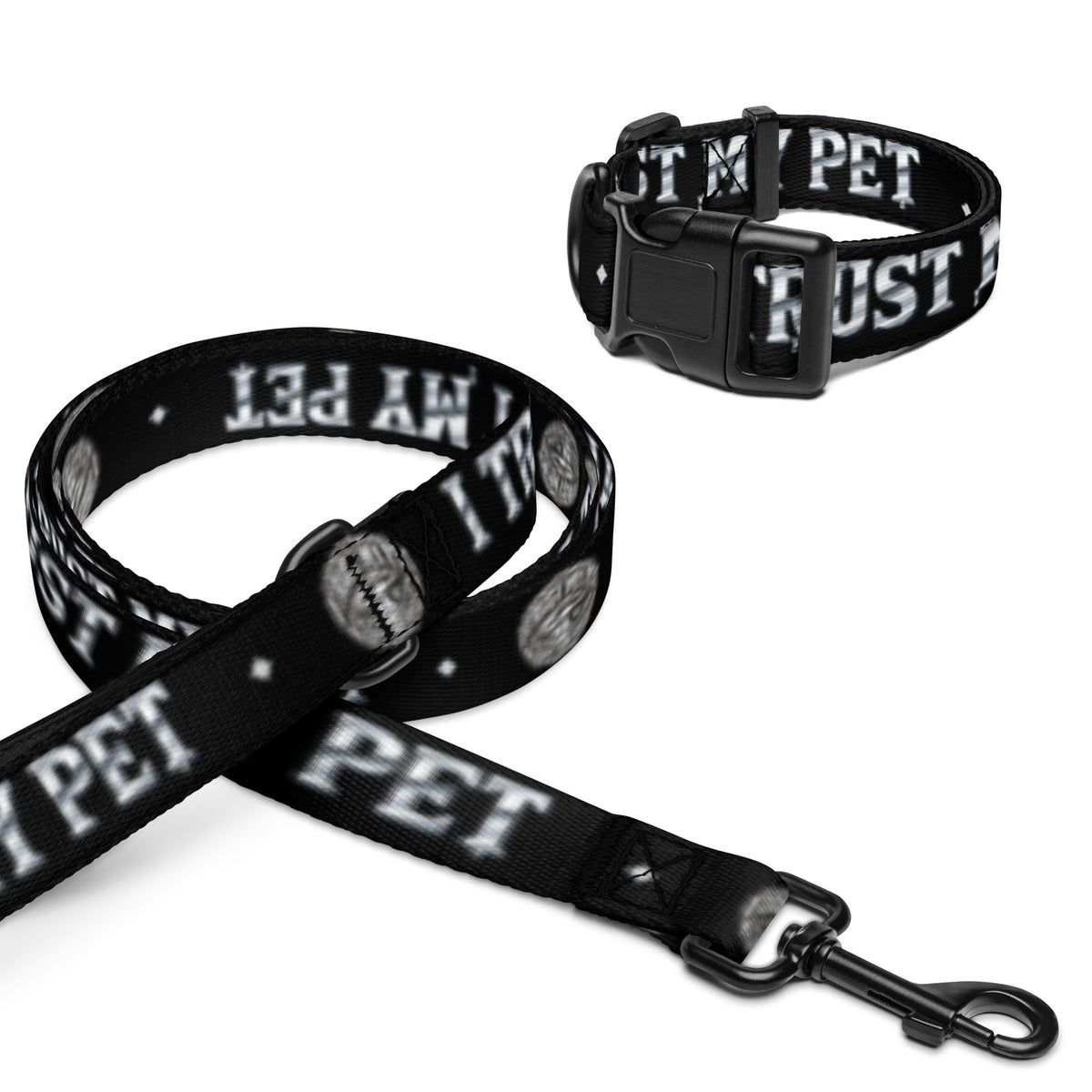 Black I Trust My Pet™ Chrome Signature dog collar and six-foot leash set, size S collar, with original silver-look emblem, chrome lettering, and padded handle