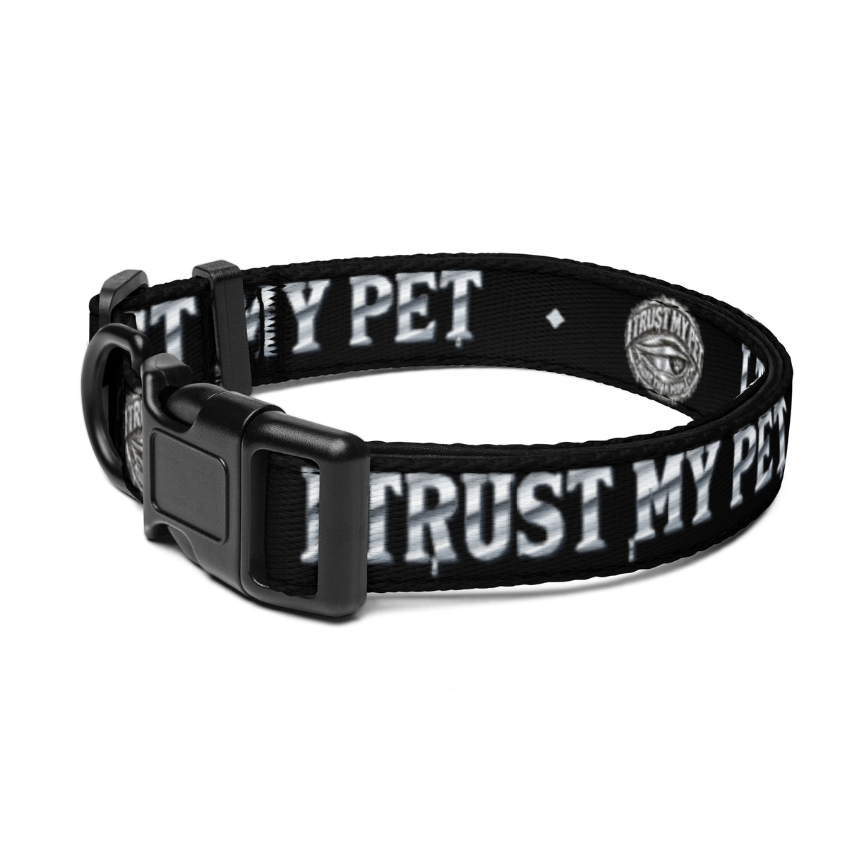 Black I Trust My Pet™ Chrome Signature adjustable dog collar, size L, with chrome-look lettering, original logo artwork, and black buckle