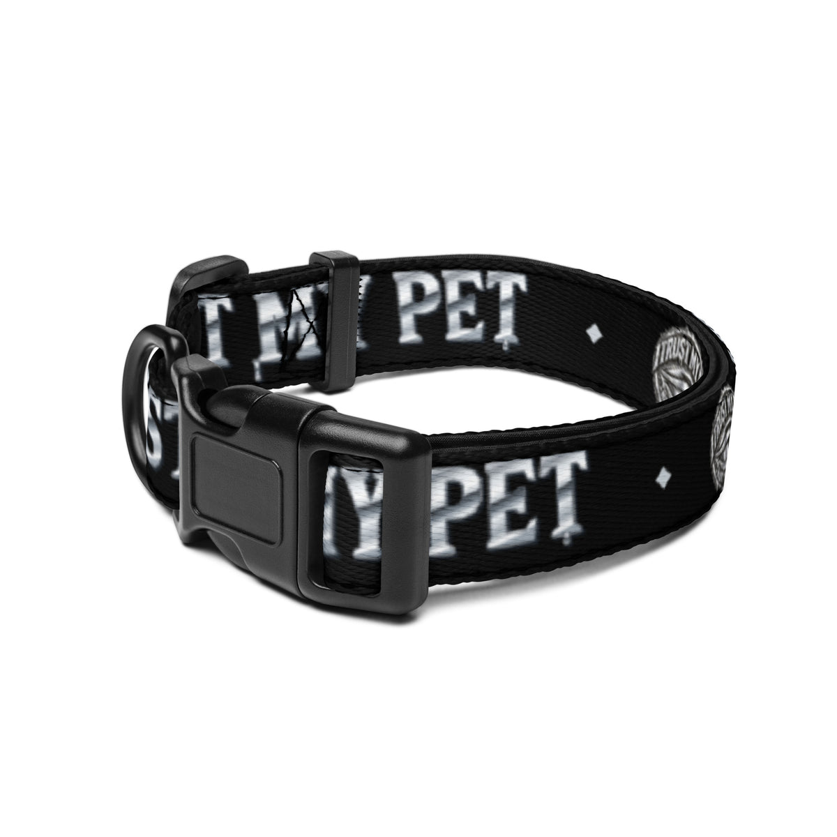 Black I Trust My Pet™ Chrome Signature adjustable dog collar, size M, with chrome-look lettering, original logo artwork, and black buckle
