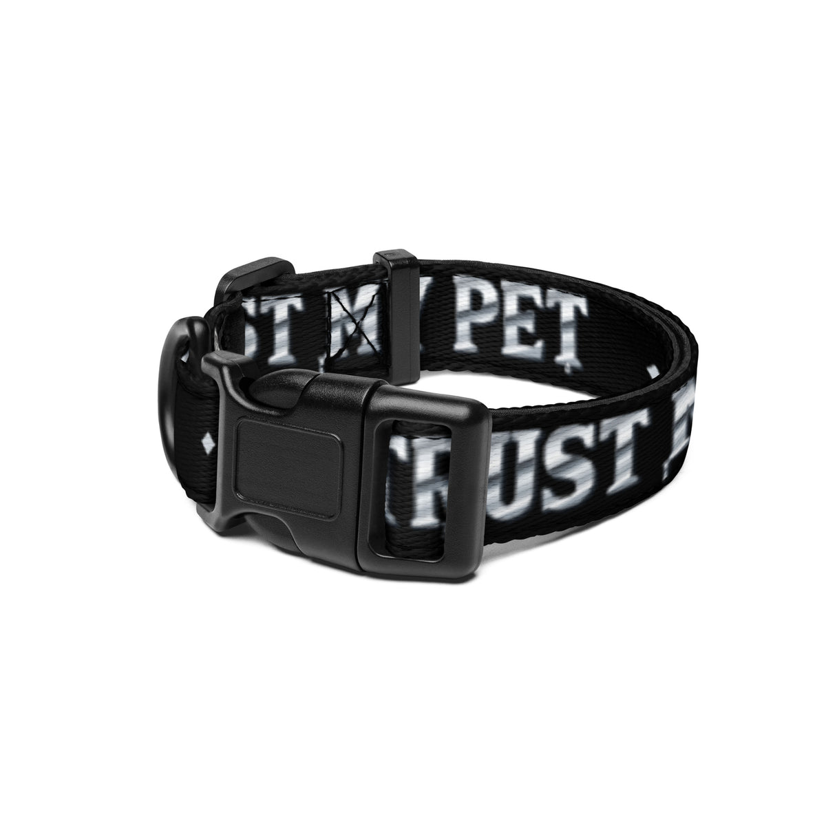 Black I Trust My Pet™ Chrome Signature adjustable dog collar, size S, with chrome-look lettering, original logo artwork, and black buckle