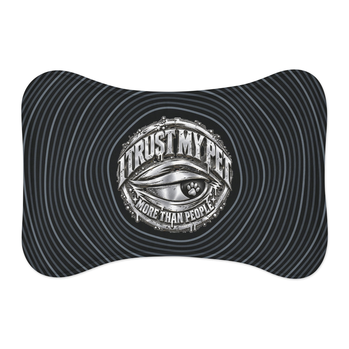 Black I Trust My Pet™ Afterimage pet feeding mat, small bone shape, 19 by 14 inches, with silver-look original logo and optical ripple artwork