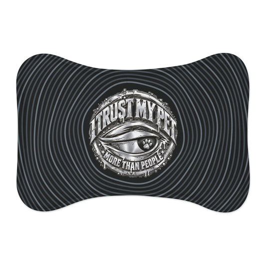 Black I Trust My Pet™ Afterimage pet feeding mat, small bone shape, 19 by 14 inches, with silver-look original logo and optical ripple artwork
