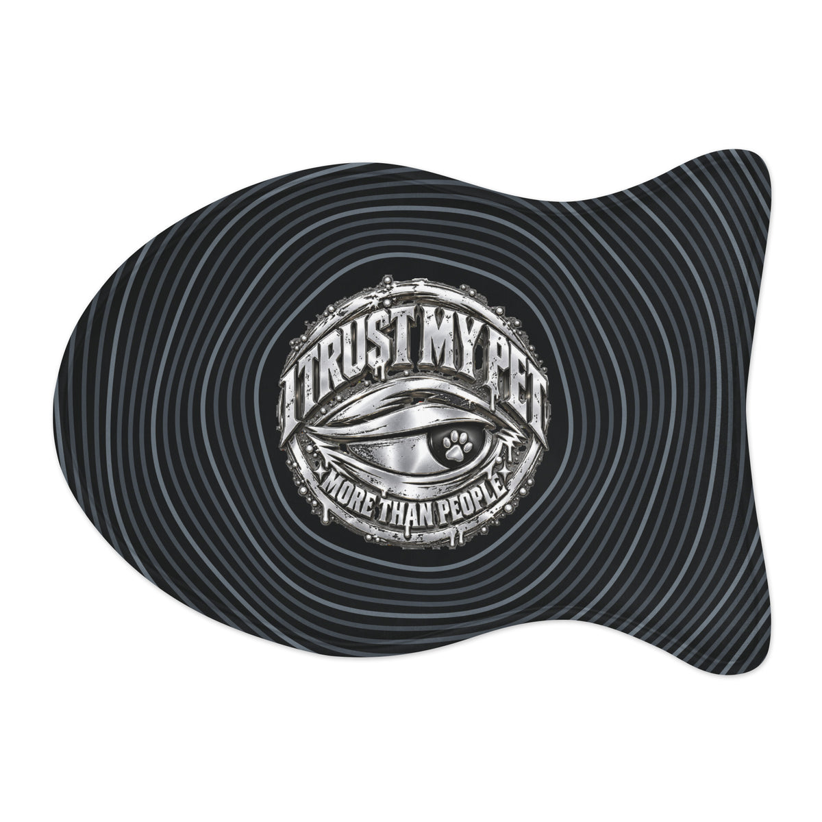 Black I Trust My Pet™ Afterimage pet feeding mat, fish shape, 19 by 14 inches, with silver-look original logo and optical ripple artwork