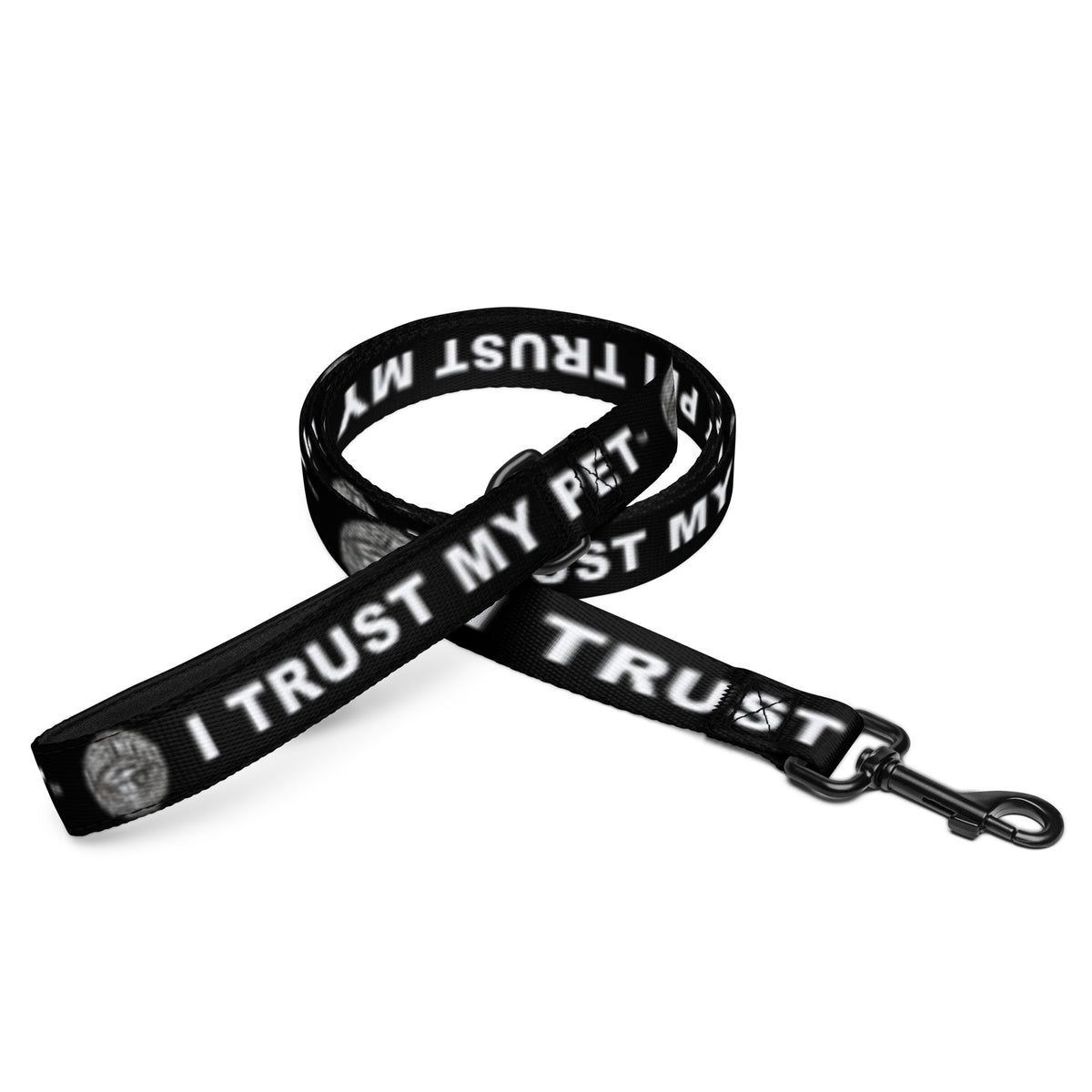 I Trust My Pet™ Chrome Loyalty black dog leash with silver-look logo, white brand lettering and metal snap hook