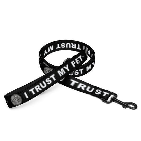 I Trust My Pet™ Chrome Loyalty black dog leash with silver-look logo, white brand lettering and metal snap hook