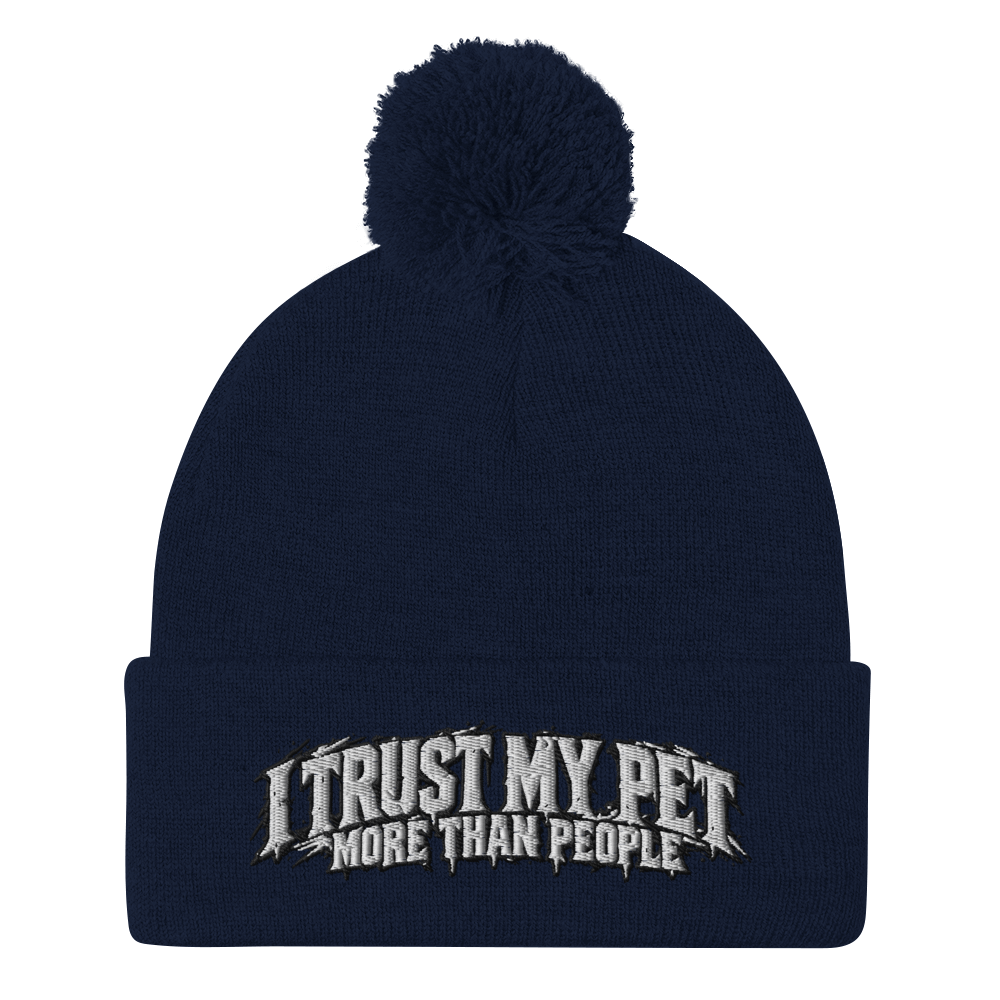 I Trust My Pet™ More Than People Pom-Pom Beanie in Navy, front view