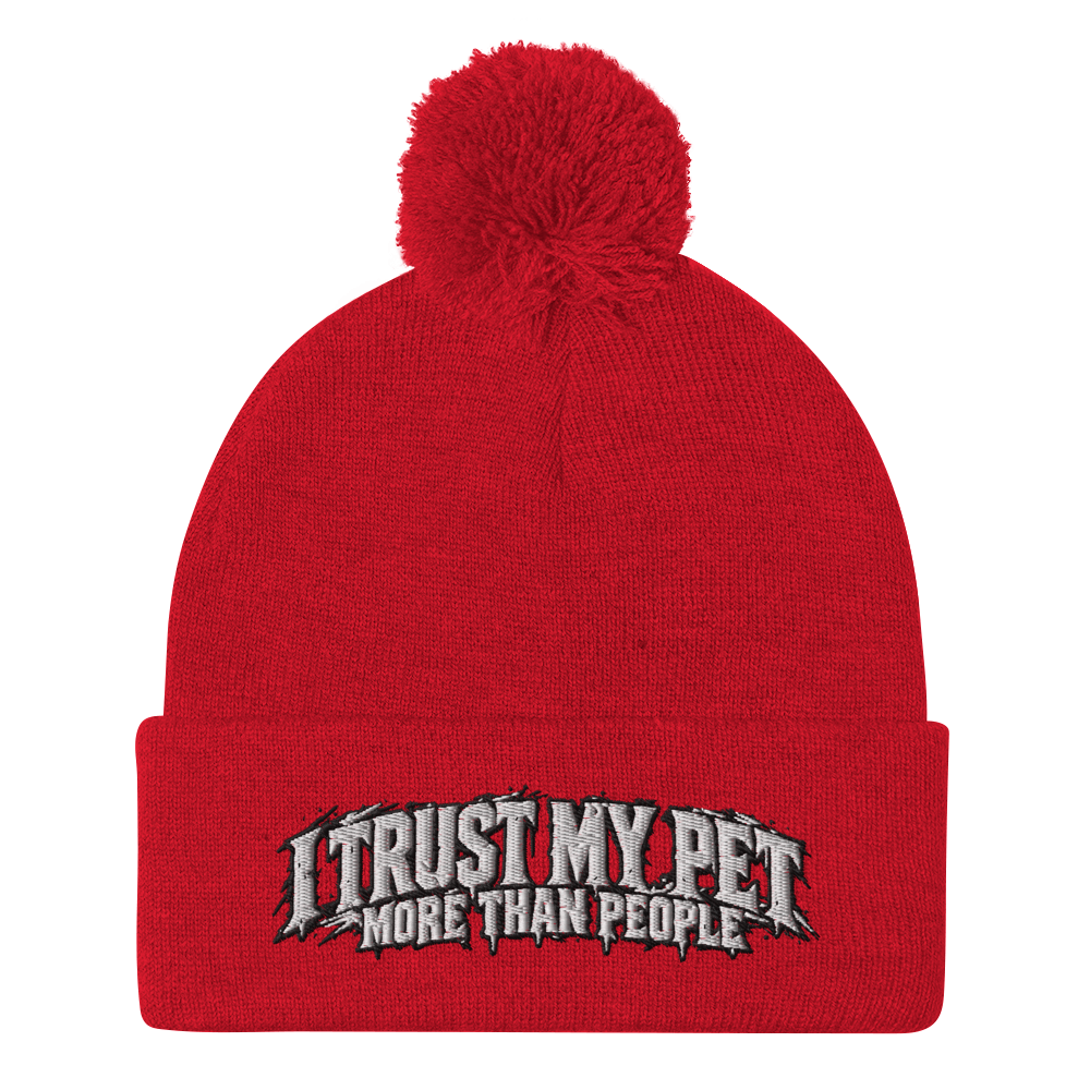 I Trust My Pet™ More Than People Pom-Pom Beanie in Red, front view