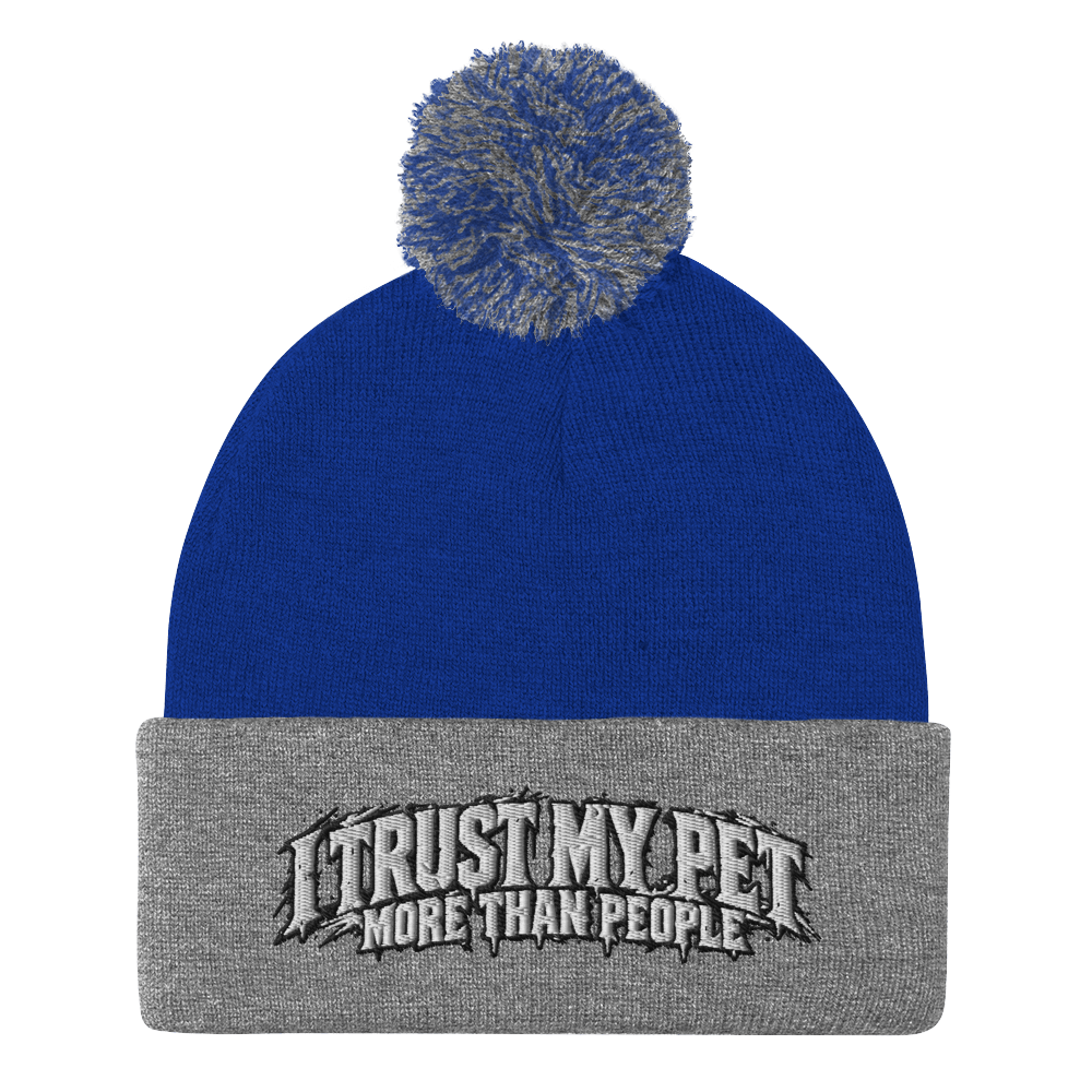 I Trust My Pet™ More Than People Pom-Pom Beanie in Heather Grey, front view