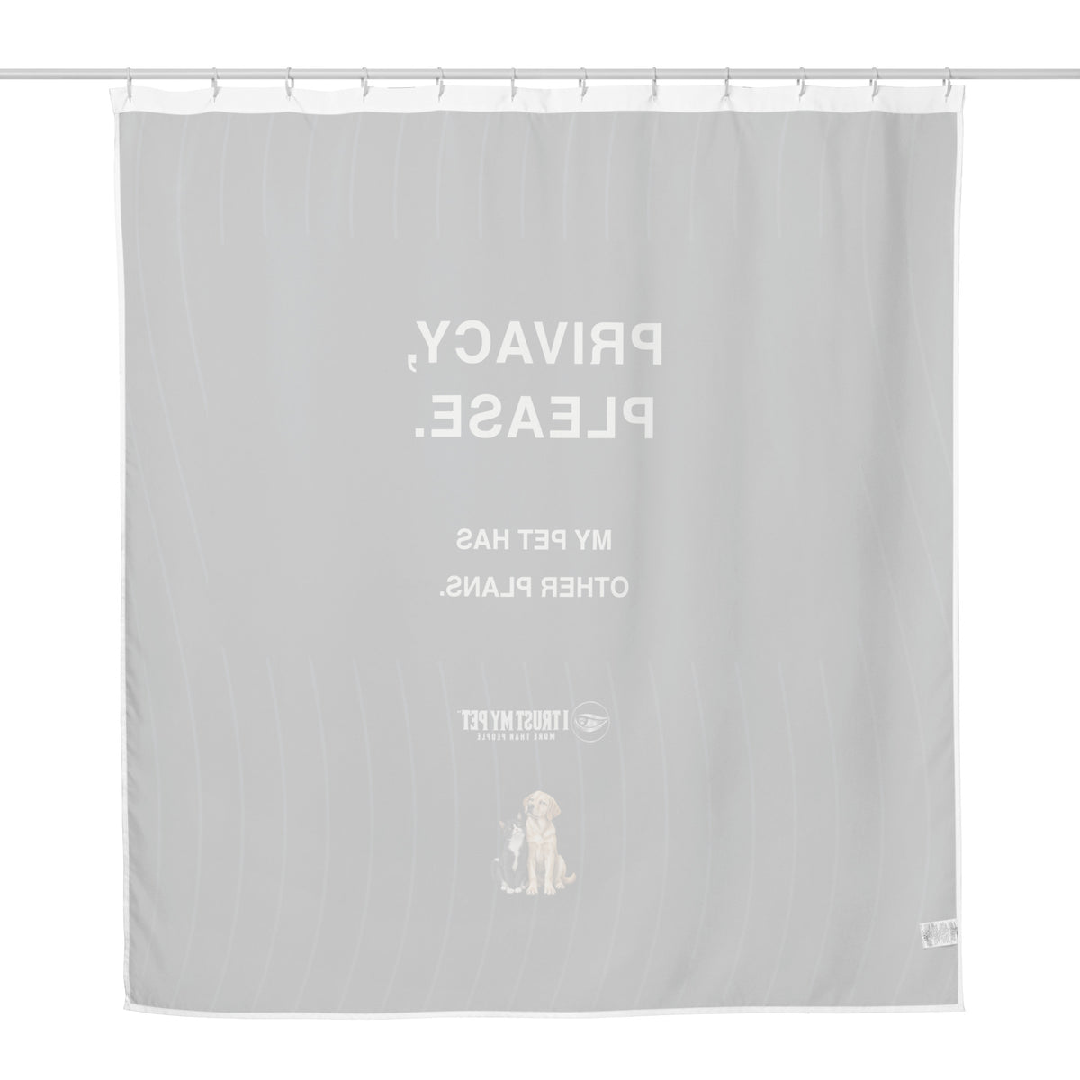 White reverse of the Privacy Please shower curtain, showing light artwork show-through