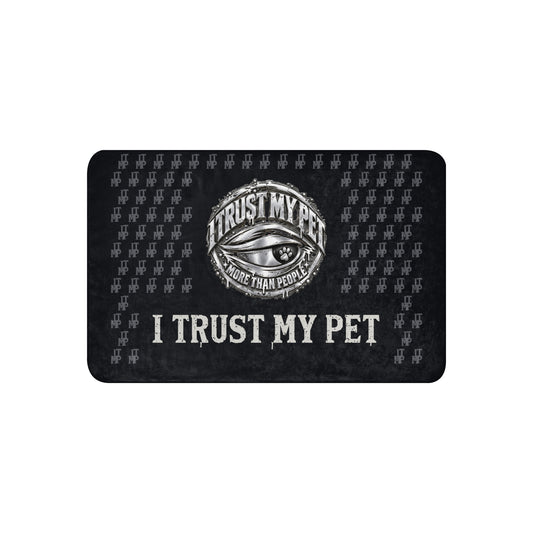I Trust My Pet™ Preferred Company sherpa blanket, 37 × 57 inches, black printed front with the complete original silver-look crest, charcoal monograms and matte distressed brand lettering.