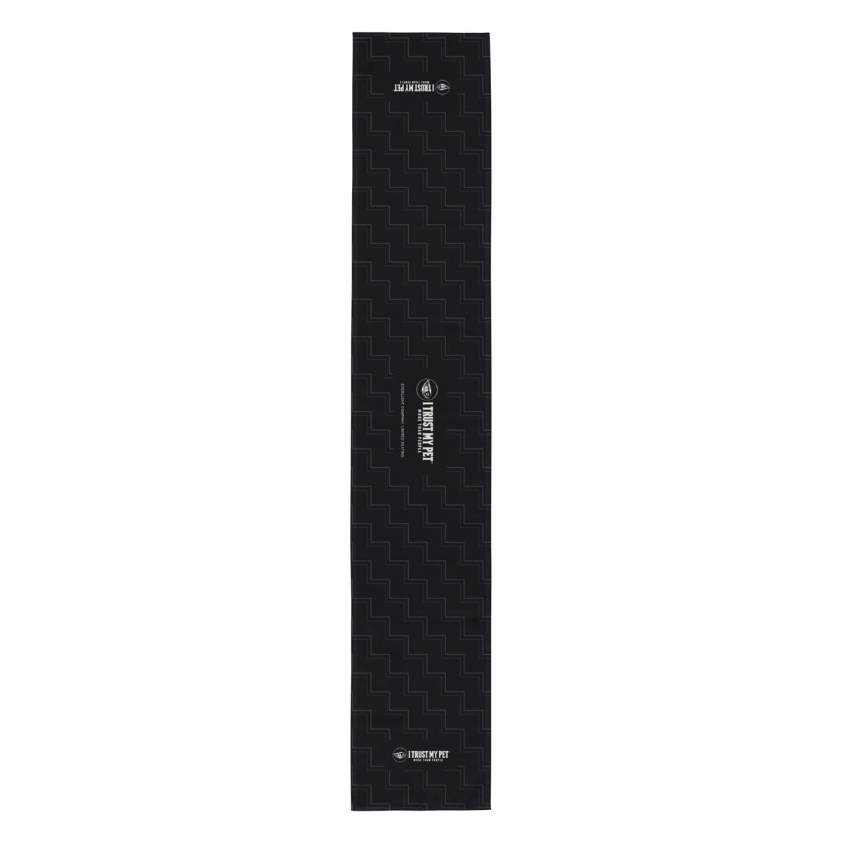 Full-length flat view of the I Trust My Pet™ Quiet Company black table runner, with charcoal rising linework and complete logo details.