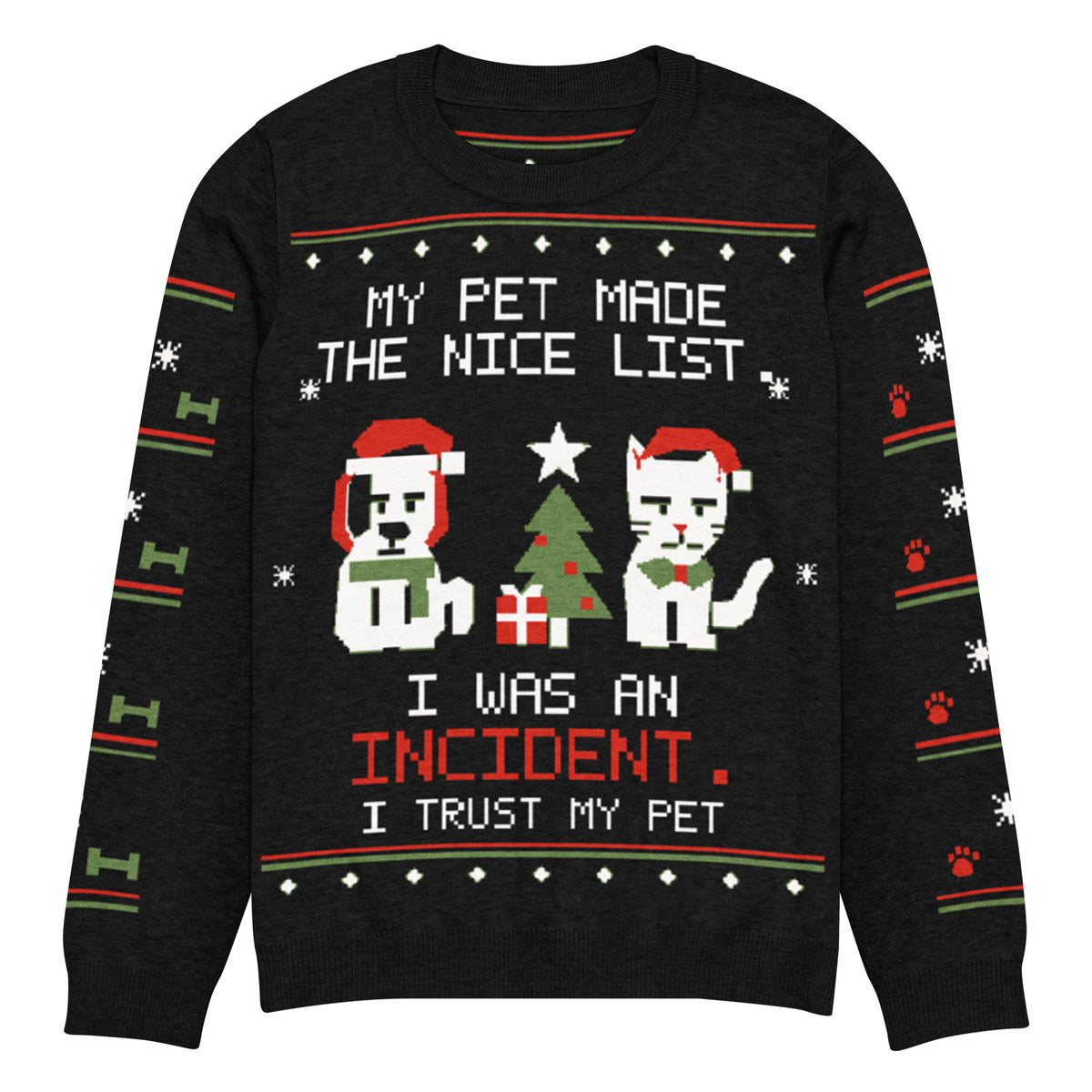 Black I Trust My Pet™ Nice List ugly Christmas knit sweater, size S, laid flat with dog and cat Santa-hat characters, the nice-list joke, and patterned black sleeves.