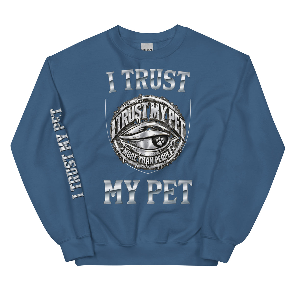 I Trust My Pet™ Chrome Crest crewneck sweatshirt in indigo blue, front view with original silver-look logo and custom chrome lettering