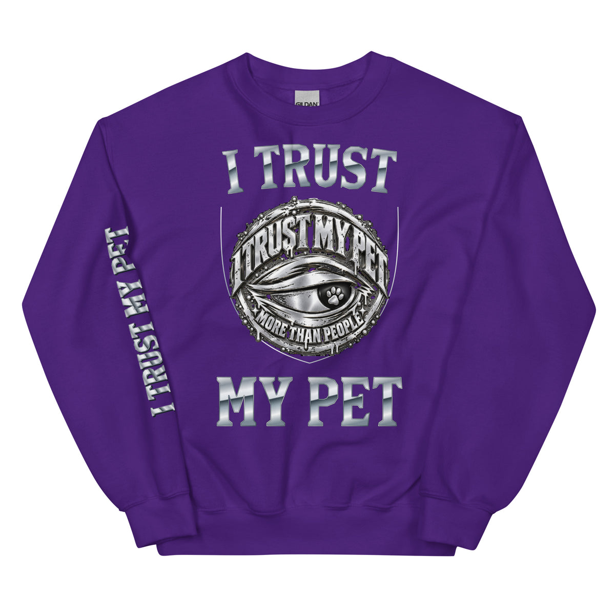 I Trust My Pet™ Chrome Crest crewneck sweatshirt in purple, front view with original silver-look logo and custom chrome lettering