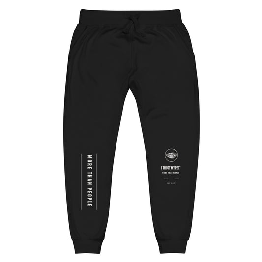 Black I Trust My Pet™ Off Duty fleece joggers, front flat lay with complete crest, More than people leg print, matching drawstrings and ribbed cuffs