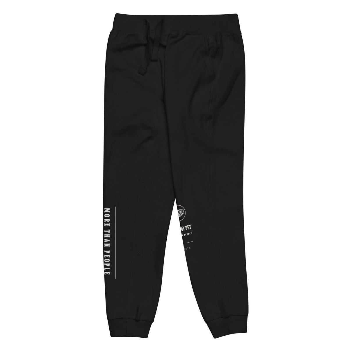 Black I Trust My Pet™ Off Duty fleece joggers, left leg detail showing the contrasting printed leg design on tapered fleece pants